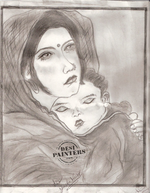 Pencil Sketch of Mother and Child | DesiPainters.com