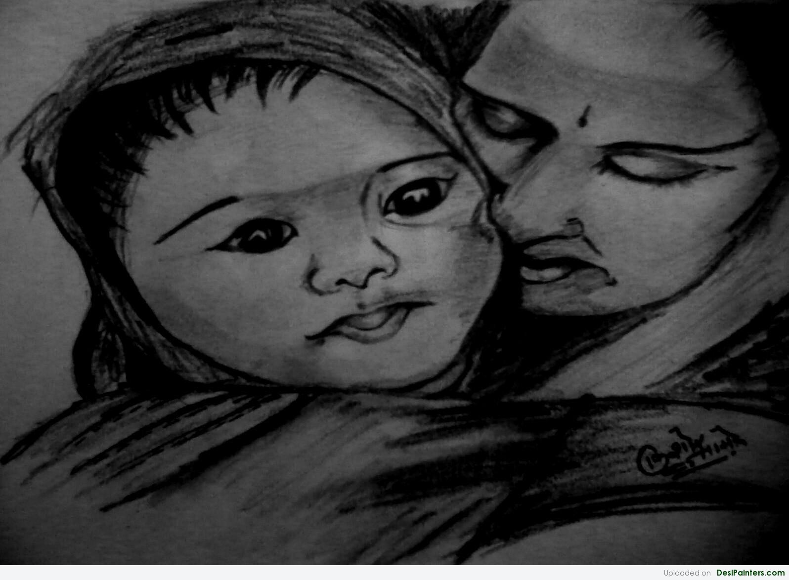 Charcoal Sketch Of A Mother With Baby | DesiPainters.com