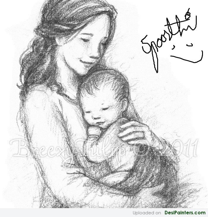 Charcoal Sketch Of Mother and Baby | DesiPainters.com