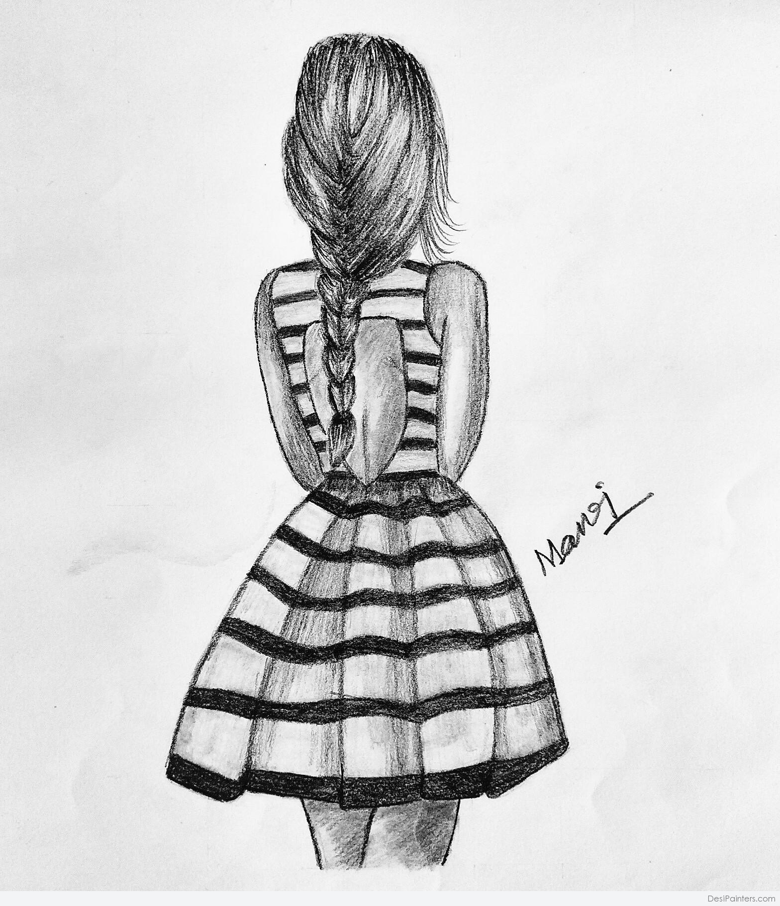 Awesome Pencil Sketch Of Girl From Back