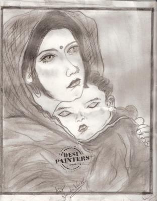 Pencil Sketch of Mother and Child - DesiPainters.com