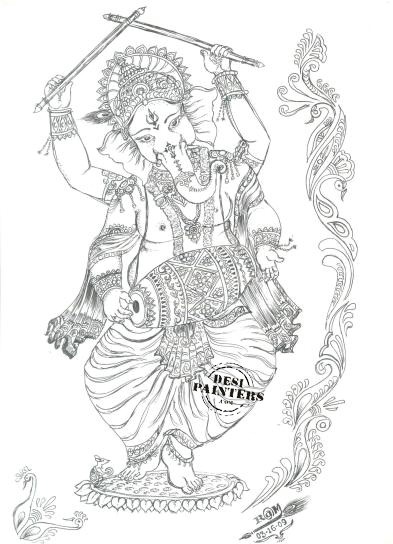Dancing Ganesha with instruments - DesiPainters.com