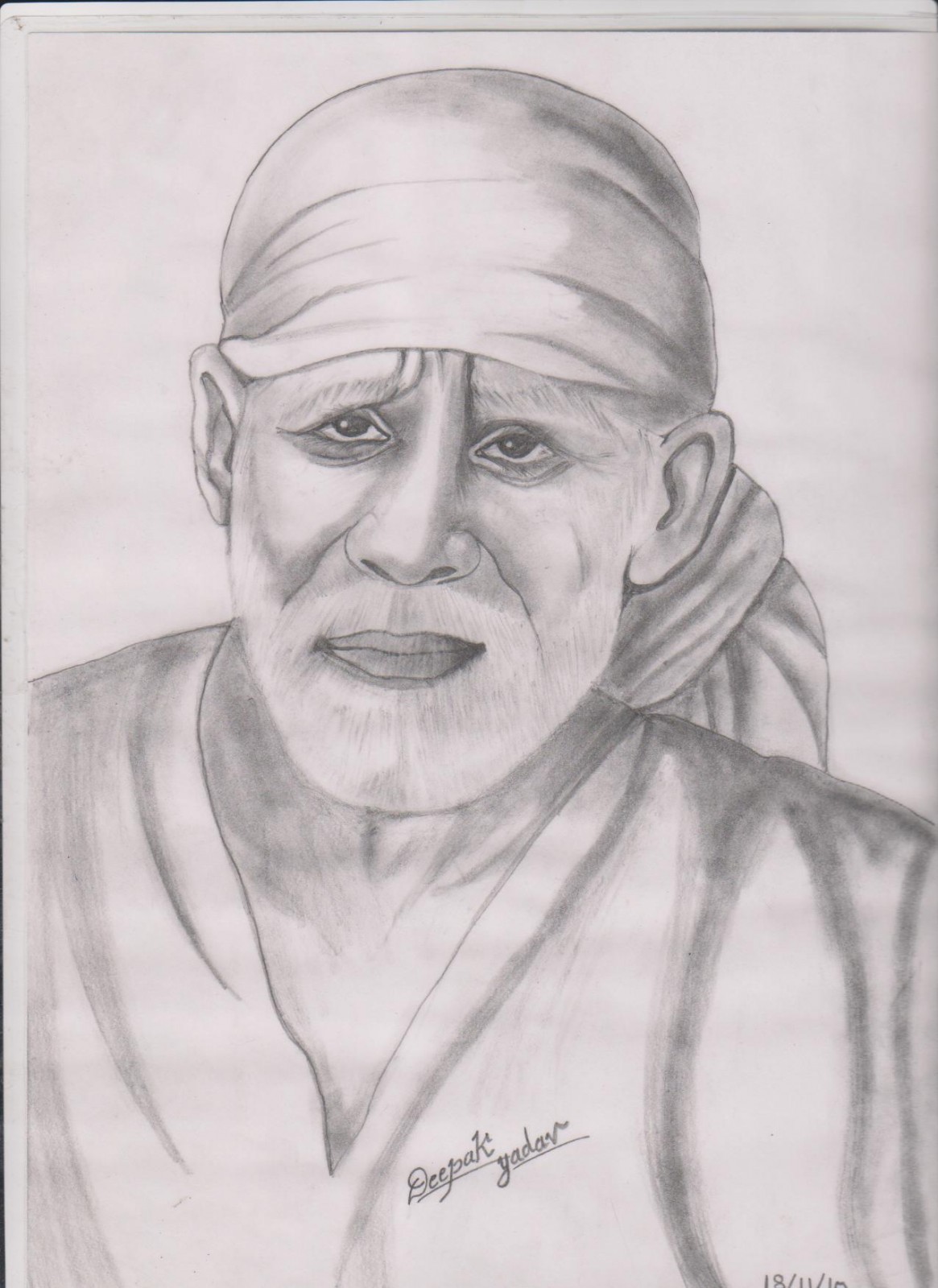 Shirdi Saibaba pencil sketch with orange shadow - Sai Art Online