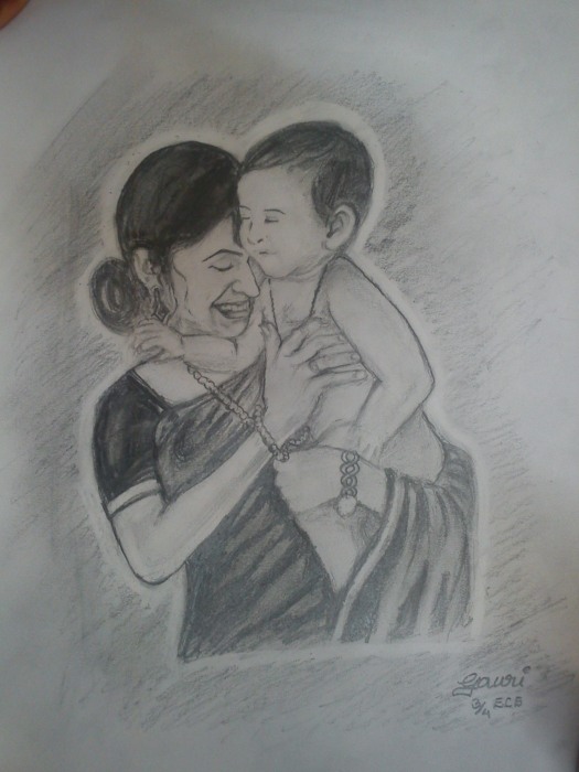 pencil sketch of mother and child