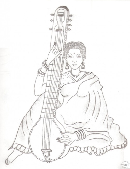 Lady Playing Sitaar - DesiPainters.com