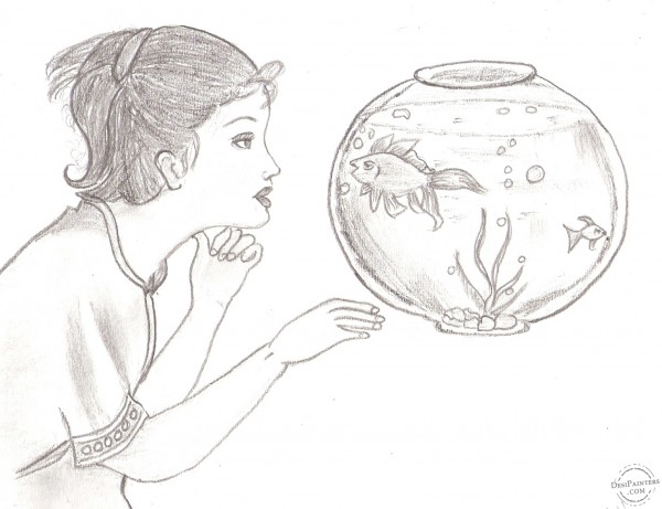 Girl Looking At Aquarium - DesiPainters.com
