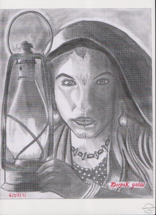 Pencil Sketch of Village Woman - DesiPainters.com
