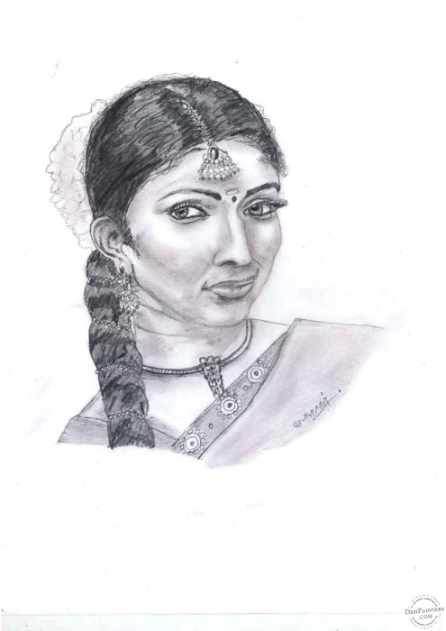 Tamil Women Pencil Sketch - DesiPainters.com