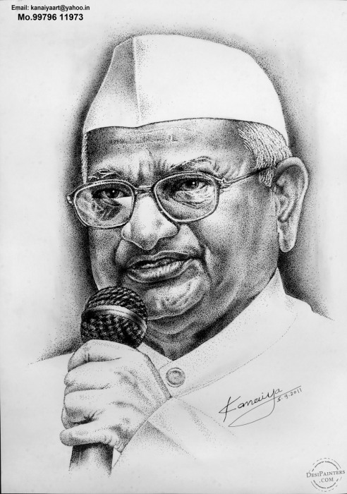 anna hazare sketch in ink andcharcoal