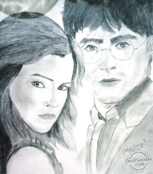 Pencil Sketch of Harry Potter and Hermione - DesiPainters.com