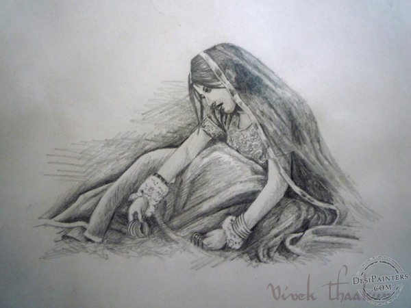 Sad Bride Pencil Sketch - DesiPainters.com