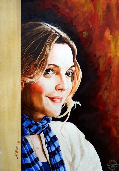 Watercolor painting of Drew Barrymore