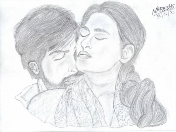 Pencil Sketch of Ranbir and Nargis Fakhri in Rockstar - DesiPainters.com