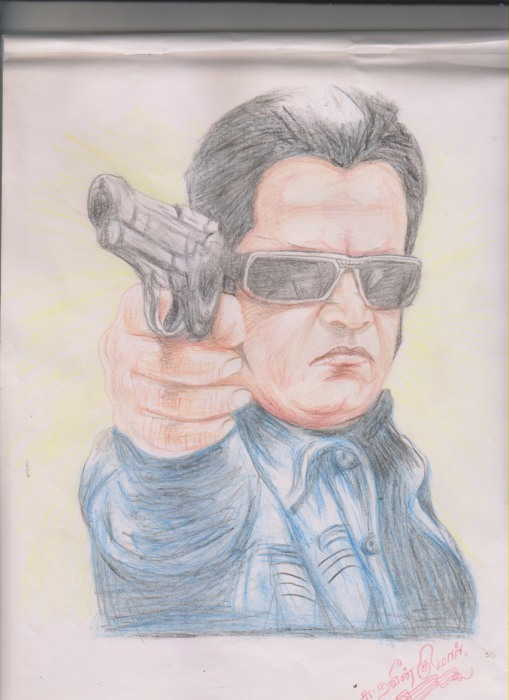 Rajinikanth Pencil Colors Sketch - DesiPainters.com