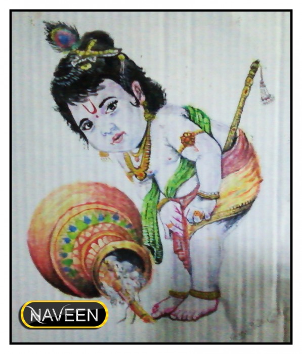 Watercolor Painting of Krishna - DesiPainters.com
