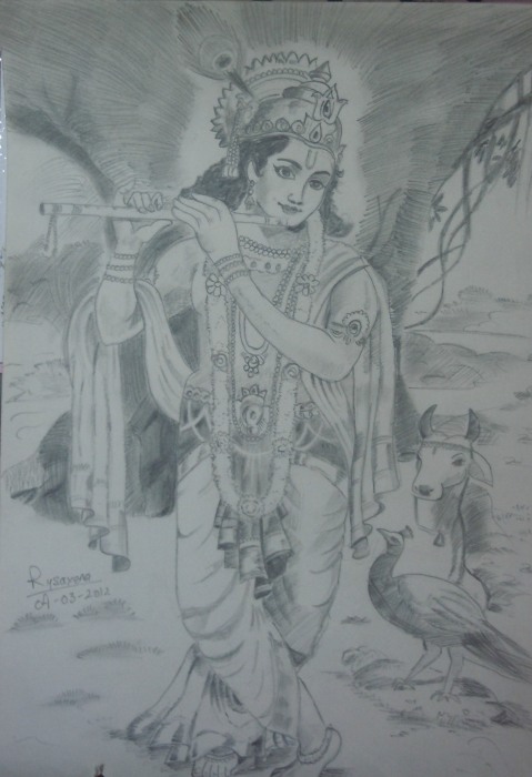 Pencil Sketch of Shri Krishna - DesiPainters.com