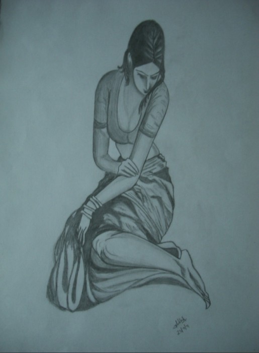 Shy Lady Pencil Sketch - DesiPainters.com