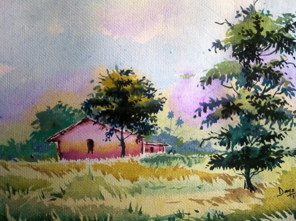 Watercolor Painting of a Village Scene