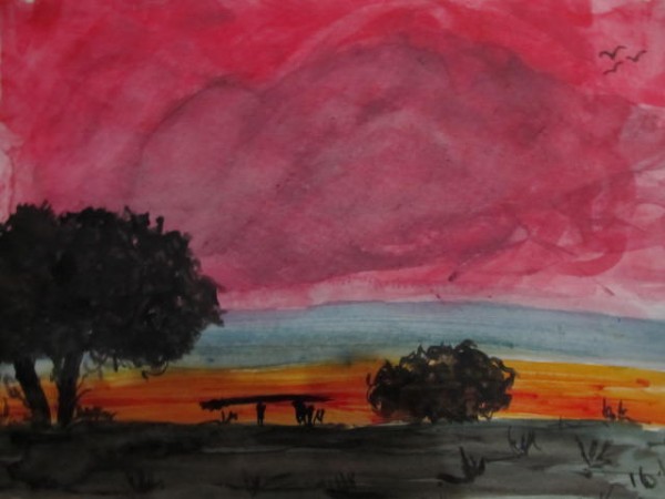 Watercolor Painting Of Sunset View