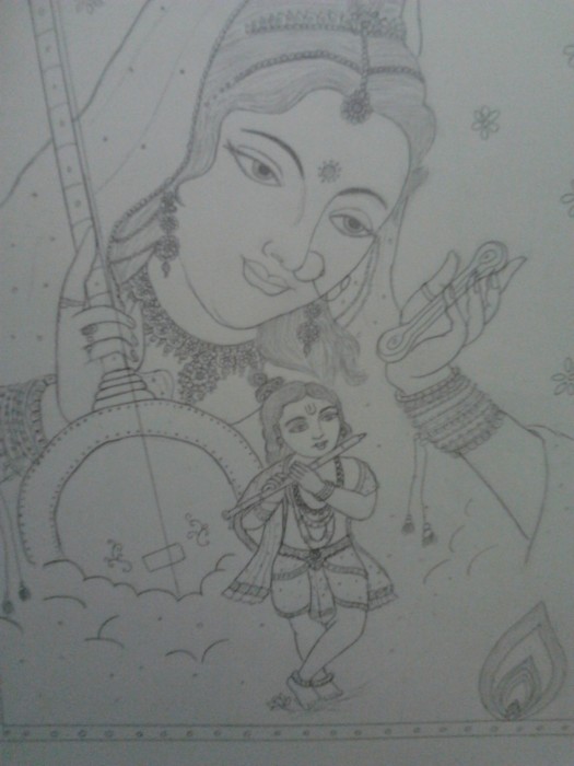 Pencil Sketch Of Meera Bai and Lord Krishan - DesiPainters.com