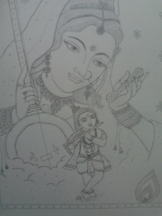 Pencil Sketch Of Meera Bai and Lord Krishan - DesiPainters.com