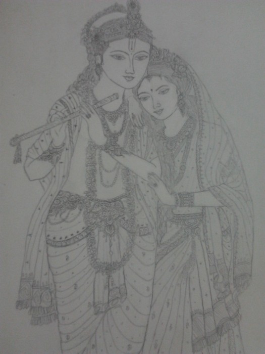 Lord Krishna And Radha Pencil Sketch - DesiPainters.com