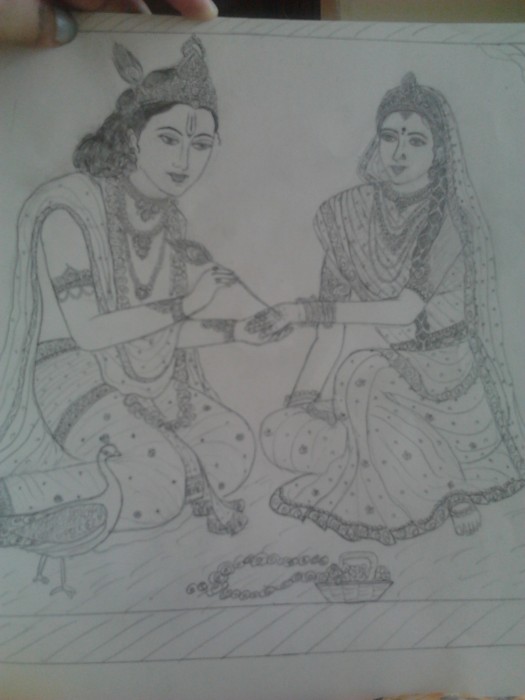 Pencil Sketch Of Shri Krishan and Radha Ji - DesiPainters.com