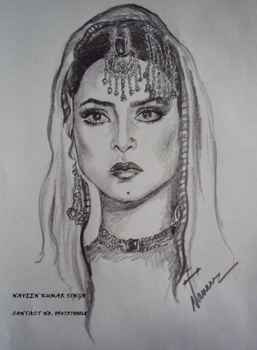 Pencil Sketch Of Bollywood Actress Rekha - DesiPainters.com