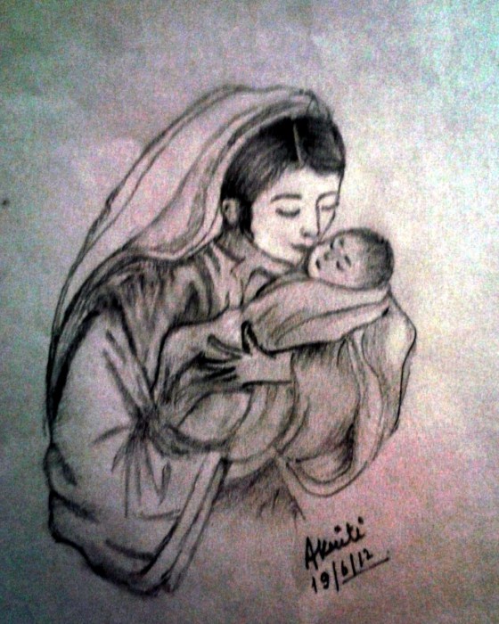 Charcoal Sketch Of A Loving Mother - DesiPainters.com