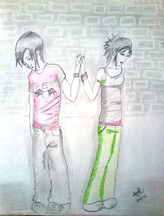 Pencil Colors Sketch Of A Sad Couple - DesiPainters.com