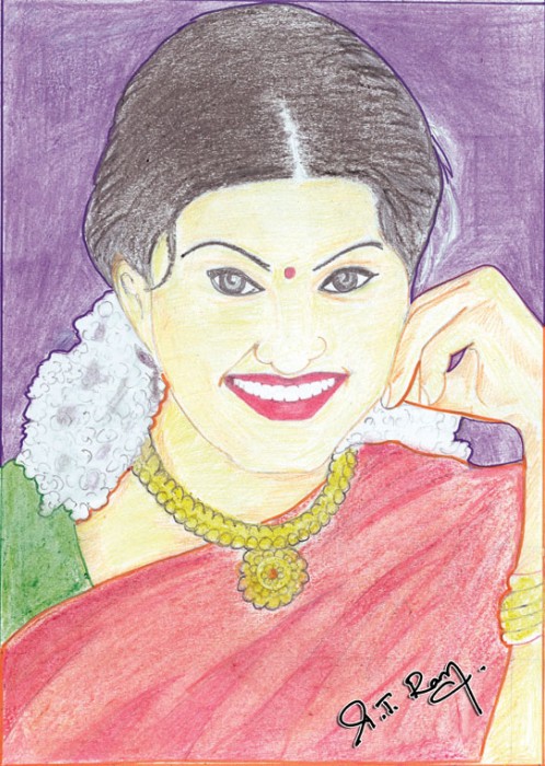 Pencil Colors Sketch Of Tamil Actress Sneha - DesiPainters.com