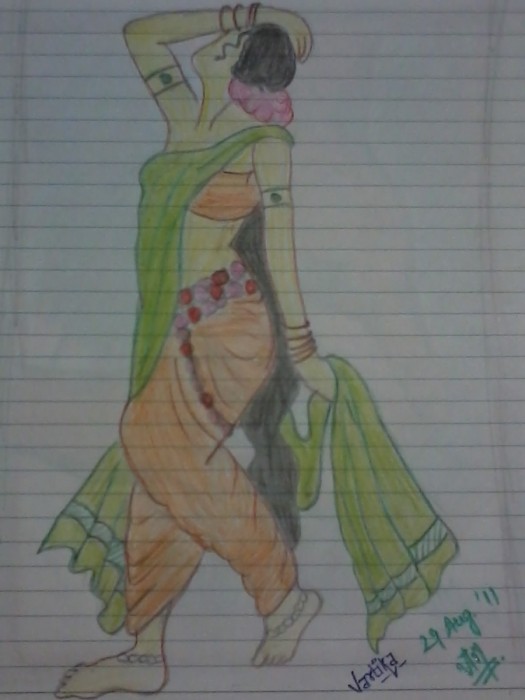 Pencil Color Sketch Of Indian A Lady