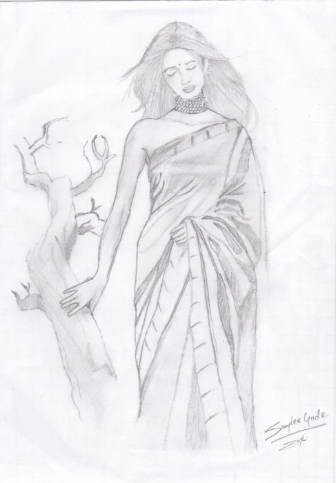 Sketch Of Beautiful Woman In Saree - DesiPainters.com