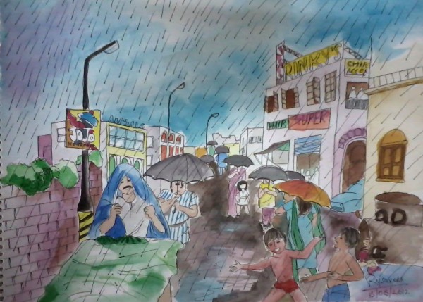 Watercolor Painting Of A Rainy Day Scene