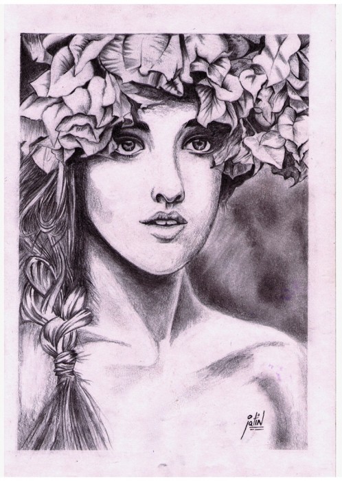 Pencil Sketch Of A Floral Crown Girl