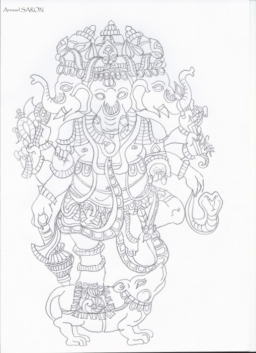 Pencil Sketch Of Trimukha Ganapati - DesiPainters.com