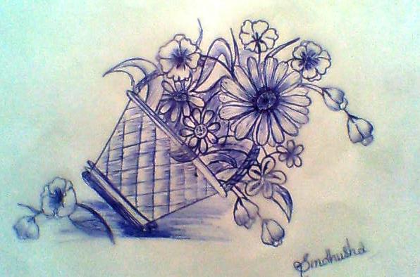 Ink Painting Of Flower Basket - DesiPainters.com