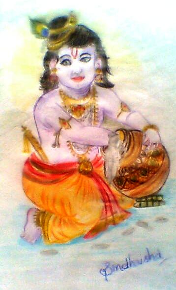 Watercolor Painting Of Lord Krishna - DesiPainters.com