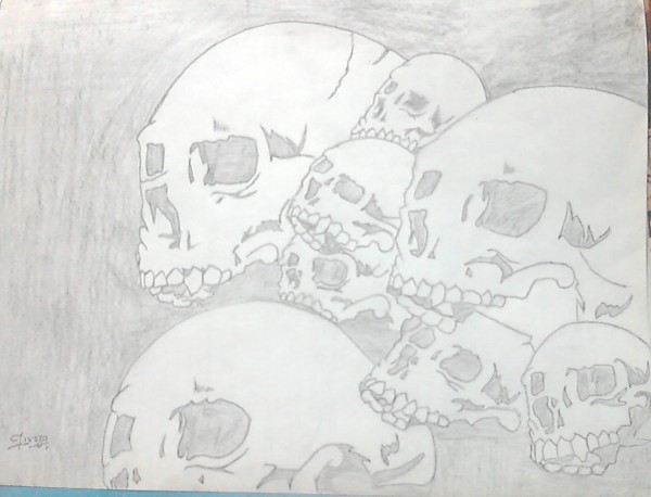 Pencil Sketch Of Broken Skullls