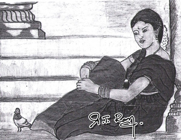 Charcoal Sketch Of A Waiting Lady - DesiPainters.com