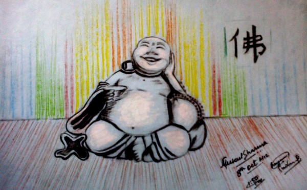 Crayon Painting Of Laughing Buddha