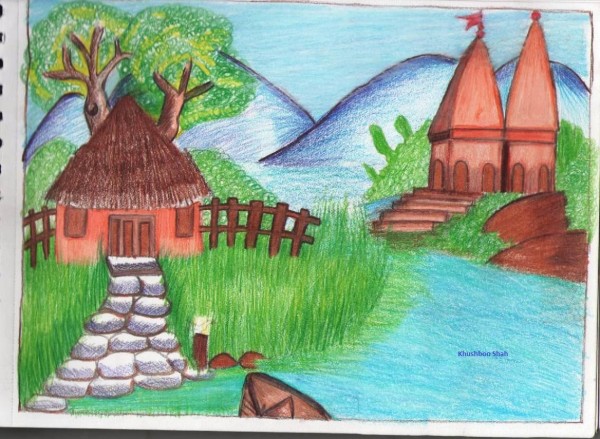 Pencil Color Sketch Of A View - DesiPainters.com