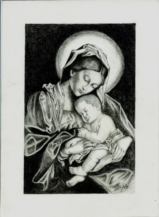 Sketch Of Baby Jesus And Mary - DesiPainters.com