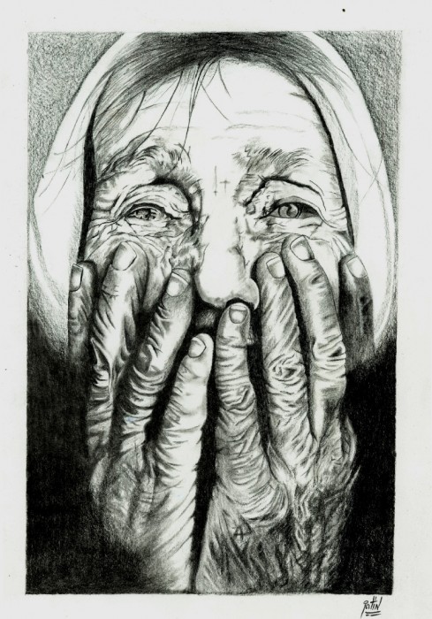 Pencil Sketch Of A Wrinkled Lady - DesiPainters.com