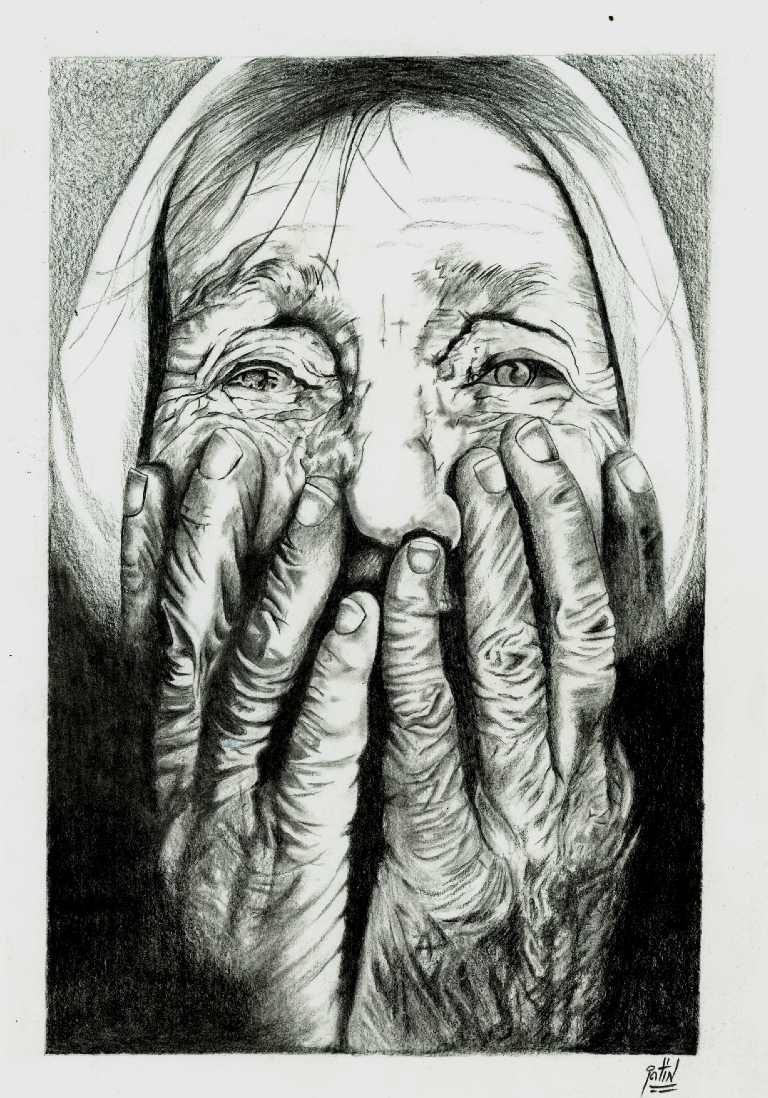 Pencil Sketch Of A Wrinkled Lady | DesiPainters.com