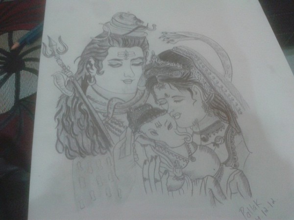 Sketch Of Shiv Ji,Parvati and Ganesh Ji - DesiPainters.com