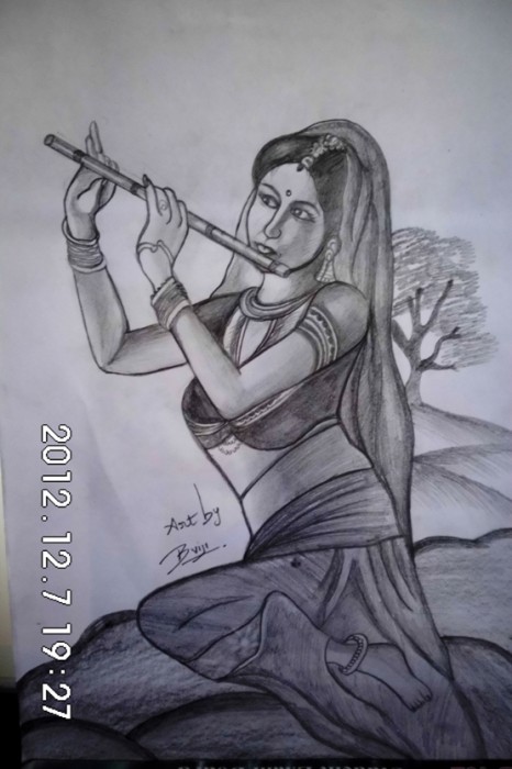 Sketch Of A Lady Playing Flute - DesiPainters.com