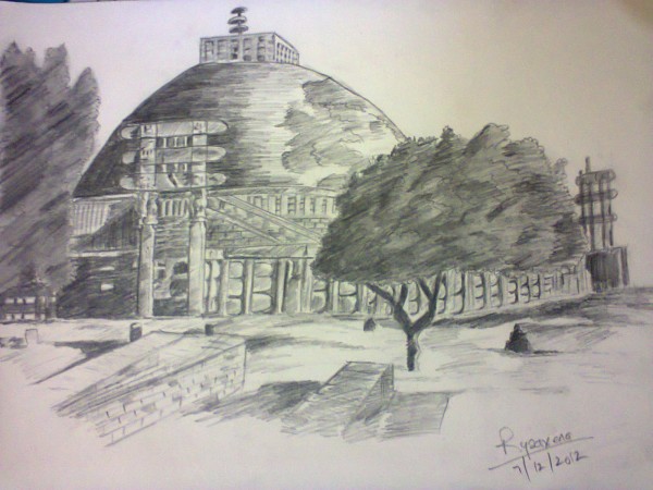 Pencil Sketch Of Sanchi Stupa - DesiPainters.com