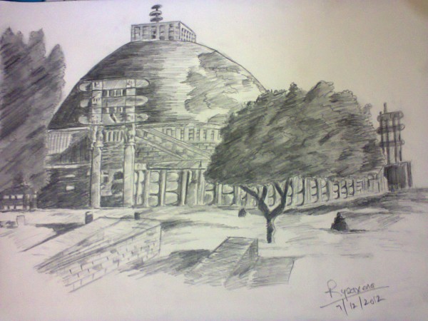 Pencil Sketch Of Sanchi Stupa