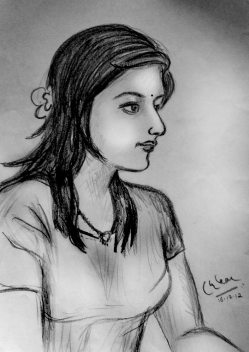 Charcoal Sketch Of A Girl - DesiPainters.com